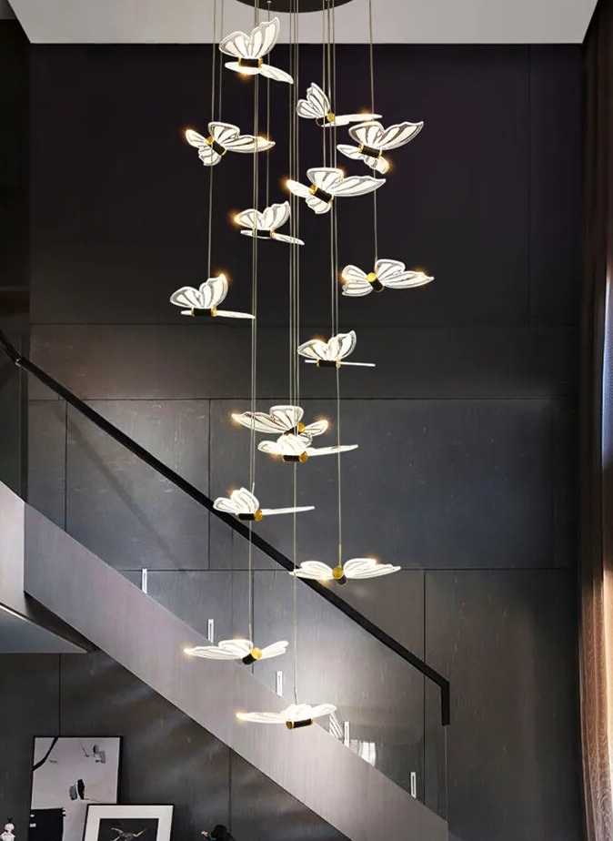 Tanio Nowoczesny motyl czarny LED schody żyrandol Nordic Duplex bu… sklep