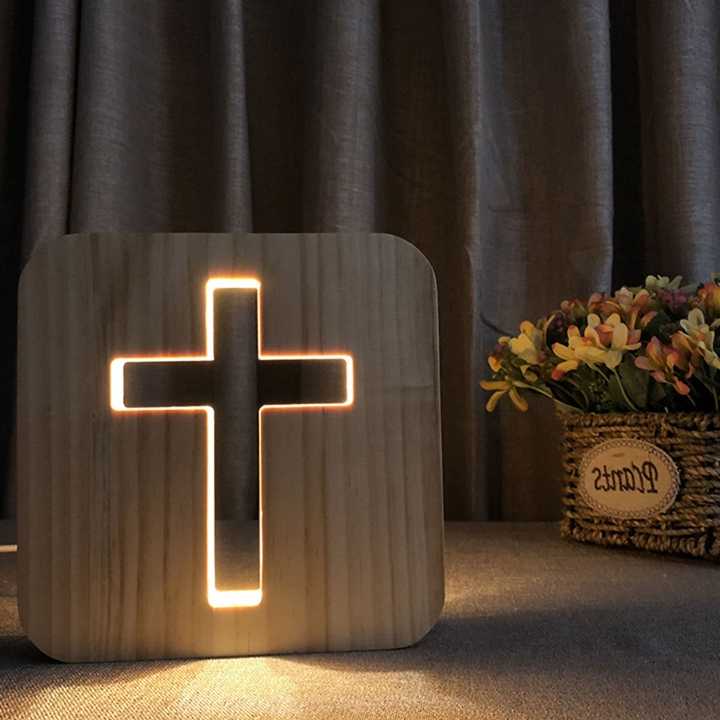 3D drewniany krzyż lampka nocna USB lampa stołowa LED nowość…