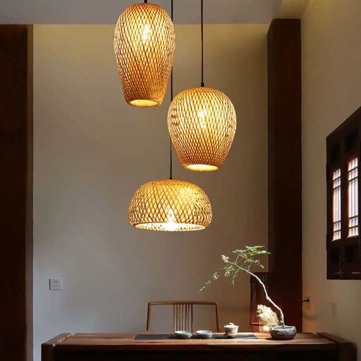 Tanio Bambusowa lampa wisząca Retro z ręcznie tkaniem abażurów E27… sklep
